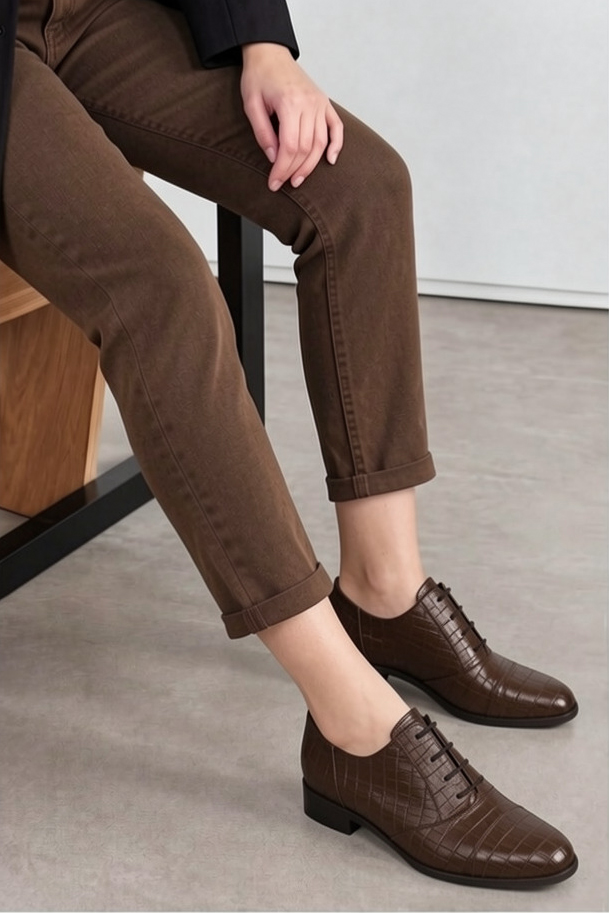 Women's dark brown classic oxfords and derby shoes with round toe and chunky rubber lug sole - Top view